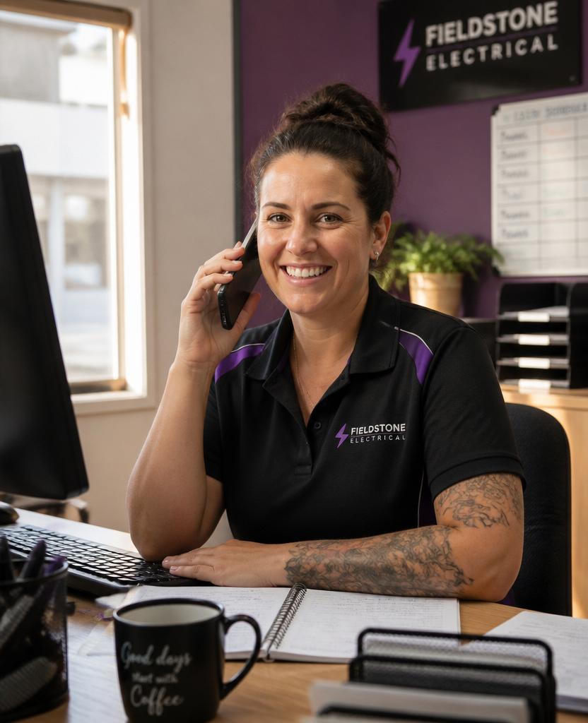 Office manager at an Australian electrical business taking a customer call, supported by Chime's AI front office